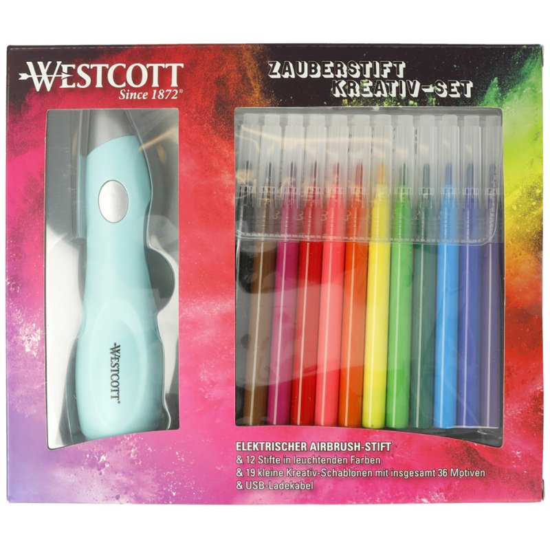 WESTCOTT ensemble créatif baguette magique avec stylo aérographe, 12 marqueurs, 19 pochoirs